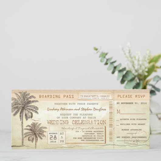  Palms Seaside Boarding Pass Wedding Ticket Kaart (Staand voorkant)