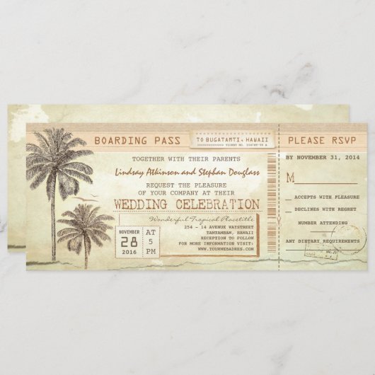 Palms Seaside Boarding Pass Wedding Ticket Kaart (Voorkant / Achterkant)