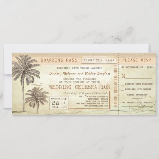 Palms Seaside Boarding Pass Wedding Ticket Kaart (Voorkant)