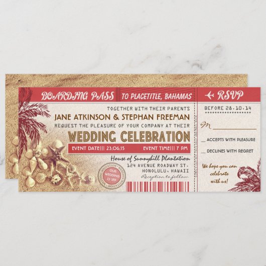 Palms Wedding Boarding Pass Tickets Kaart (Voorkant / Achterkant)