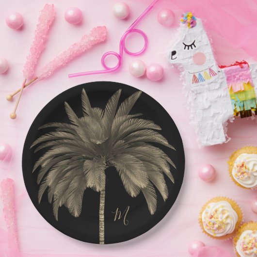 Palmstructuur Elegant Retro Chic Black Papieren Bordje (Feest)