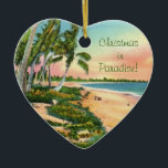 Palmstructuurbalk Keramisch Ornament<br><div class="desc">Fantastisch ,  retro post kaart afbeelding,  gereproduceerd op een keramisch siermiddel. De palmbomen,  zand en water maken het perfecte strand. Koop zoals het is of verander de tekst - Kerstmis in het Paradijs!" om te zeggen wat je maar wilt.</div>