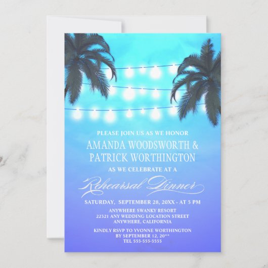 Palmstructuurlampjes Rehearsal Dinner Invitations Kaart (Voorkant)