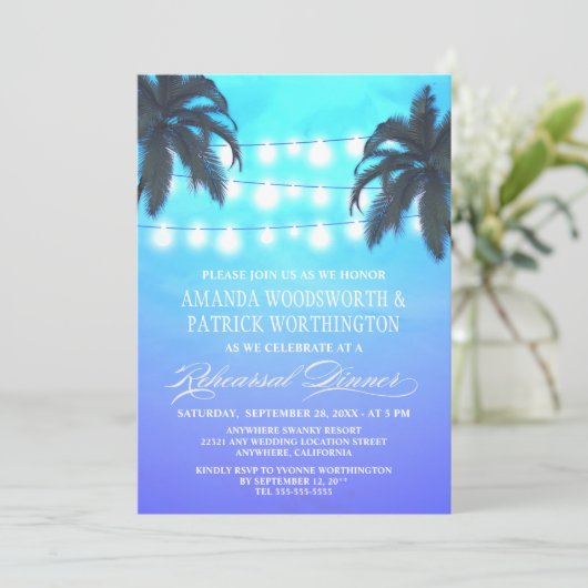 Palmstructuurlampjes Rehearsal Dinner Invitations Kaart (Staand voorkant)