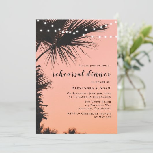 Palmstructuurlampjes Rehearsal Dinner Invitations Kaart (Staand voorkant)