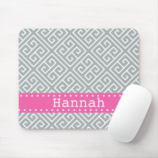 Paloma Gray White Greek Key Pattern roze Sjabloon Muismat (Met muis)