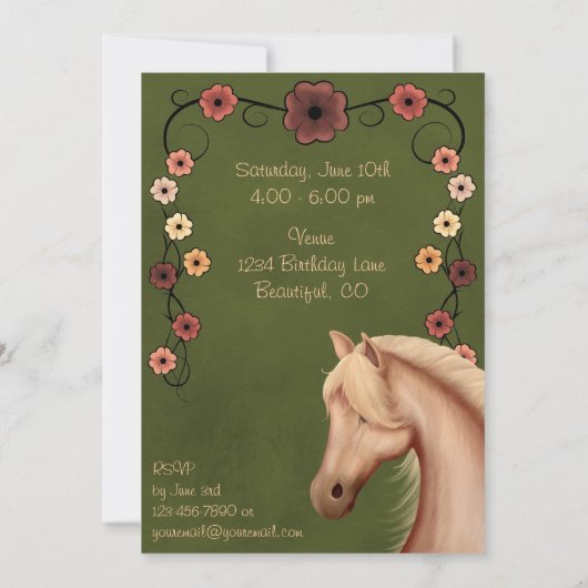 Palomino en Bloemen Paardenverjaardagsuitnodiging Kaart (Achterkant)