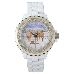 Palomino kwartspaarden bij sneeuw horloge