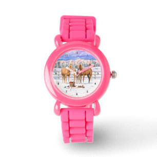 Palomino kwartspaarden bij sneeuw horloge