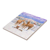 Palomino kwartspaarden in wintersneeuw tegeltje (Zijkant)