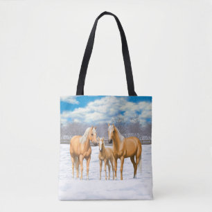 Palomino kwartspaarden in wintersneeuw tote bag