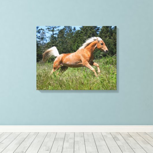 Palomino-paard dat door een weide loopt canvas afdruk (Insitu (Houten vloer))