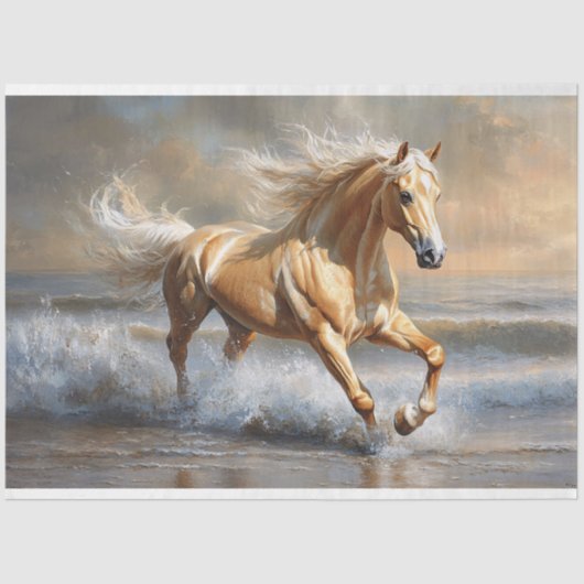 Palomino Paard Hardlopen op het strand Decoupage Tissuepapier (Voorkant)