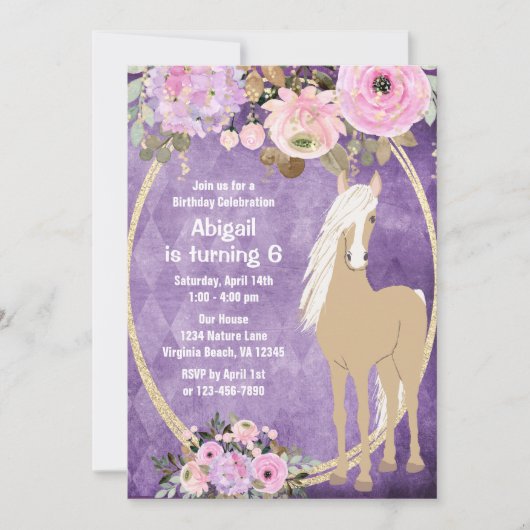  Palomino Pink Purple Flowers Horse Birthday Kaart (Voorkant)