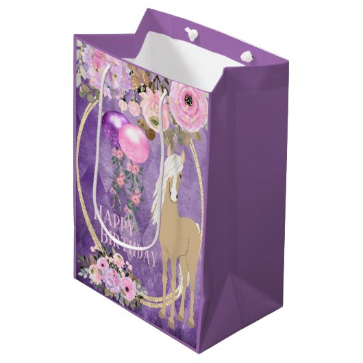  Palomino Pink Purple Flowers Horse Birthday Medium Cadeauzakje (Voorkant Gekanteld)
