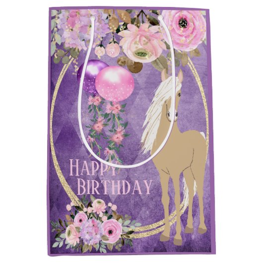  Palomino Pink Purple Flowers Horse Birthday Medium Cadeauzakje (Voorkant)