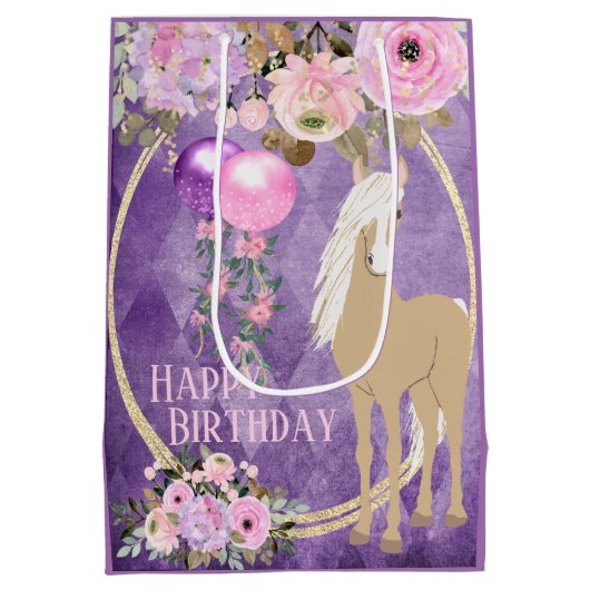  Palomino Pink Purple Flowers Horse Birthday Medium Cadeauzakje (Achterkant)