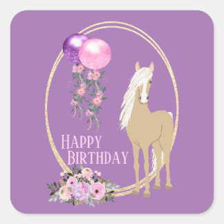 Palomino Pink Purple Flowers Horse Birthday Vierkante Sticker