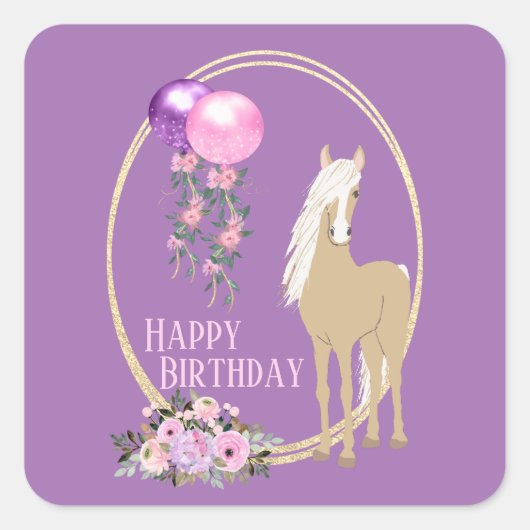 Palomino Pink Purple Flowers Horse Birthday Vierkante Sticker (Voorkant)