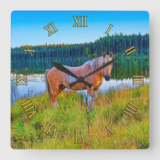 Palomino Pinto door Lake en Forest Scene Vierkante Klok (Voorkant)