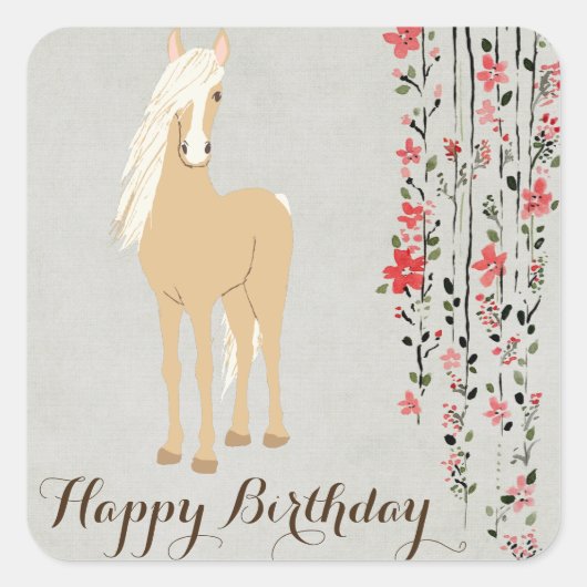  Palomino Pony Flowers Paard Happy Birthday Vierkante Sticker (Voorkant)