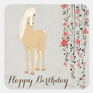  Palomino Pony Flowers Paard Happy Birthday Vierkante Sticker