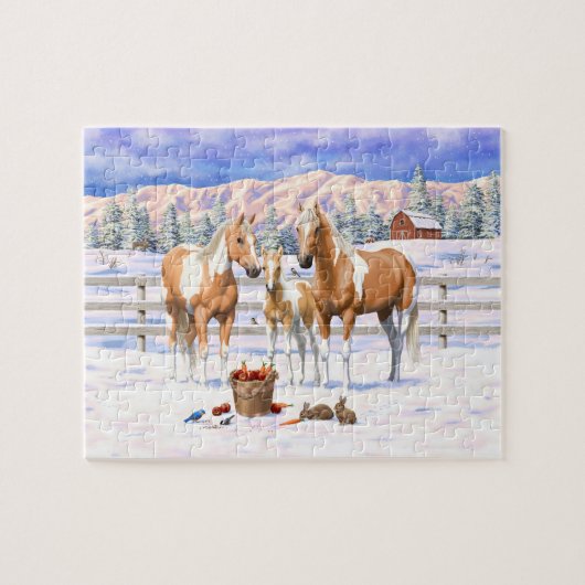 Palomino verf kwartpaarden bij sneeuw legpuzzel (Horizontaal)