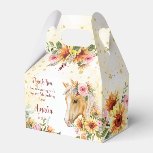 Palominopaard met zonnebloemen en roze bloemen bedankdoosjes (Voorkant Zijde)