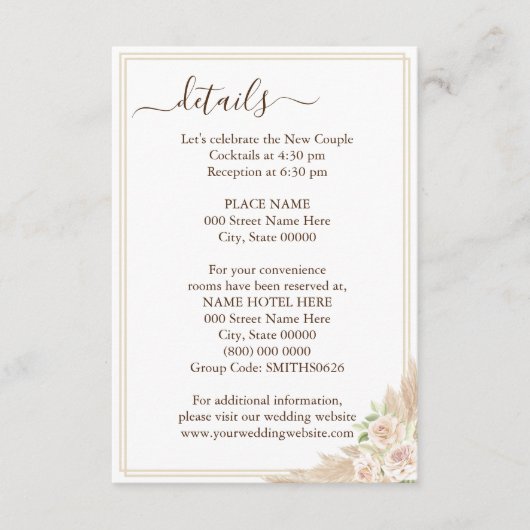 Pampa Grass Floral Wedding Details Card Informatiekaartje (Voorkant)