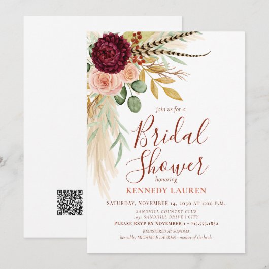 Pampagras Boho Bloemachtige Bruidsdouche QR-code Kaart (Voorkant / Achterkant)