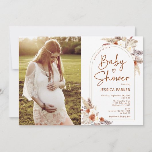 Pampagras Boho Terracotta Foto Baby Shower Kaart (Voorkant)