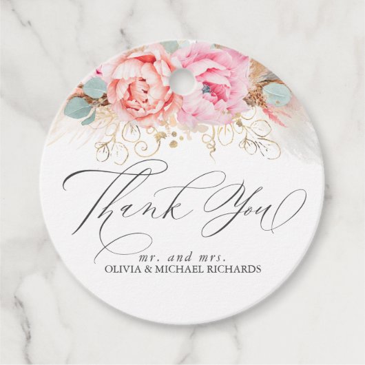 Pampagras en Roze Bloemen Bedankt Bedankjes Labels (Voorkant)