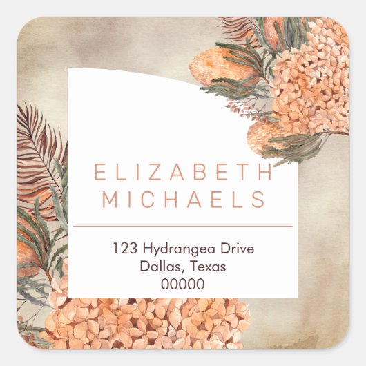 Pampagras | Hydrangeabloesems Retouradres Vierkante Sticker (Voorkant)
