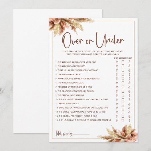 Pampagras Over & Under Bruidsfeest Gamekaart Kaart (Voorkant / Achterkant)