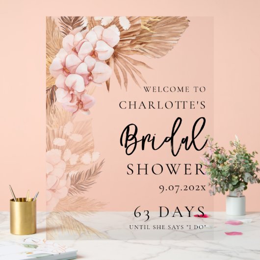 Pampagras Roze Bloemrijke Bruidsdouche Welkom Acryl Bord (Huwelijk)