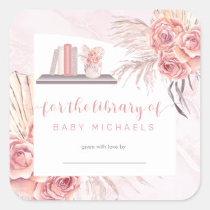 pampagras   Roze Rozen Baby shower Bookplate Vierkante Sticker