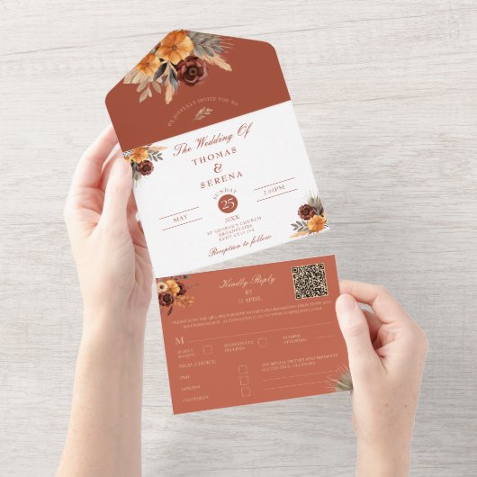 Pampagras Terracotta QR Code Herfst Val Budget All In One Uitnodiging (Afscheurbaar)