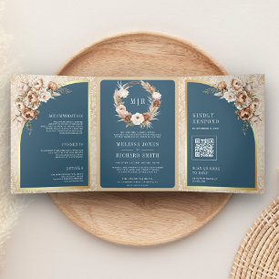 Pampas Beige Aards Bloemendust Blauw Bruiloft Drieluik Uitnodiging