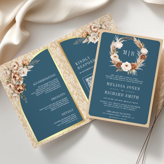 Pampas Beige Aardse Bloem Stof Blauw Bruiloft