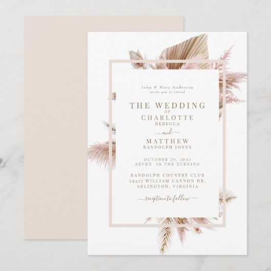 Pampas Beige Bride Parents Wedding Invitation Kaart (Voorkant / Achterkant)