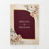 Pampas Beige Earthy Floral Burgundy Wedding Drieluik Uitnodiging (Cover)