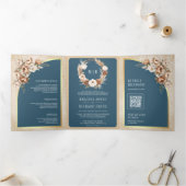 Pampas Beige Earthy Floral Dusty Blue Wedding Drieluik Uitnodiging (Binnen)