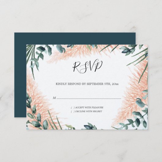 Pampas bladeren loof Waterverf bruiloft RSVP Kaartje (Voorkant / Achterkant)
