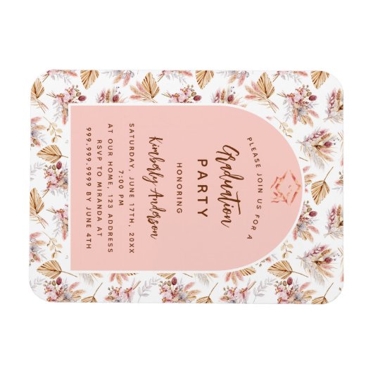 Pampas bloemetjes roos afstudeerfeest uitnodiging magneet (Horizontaal)