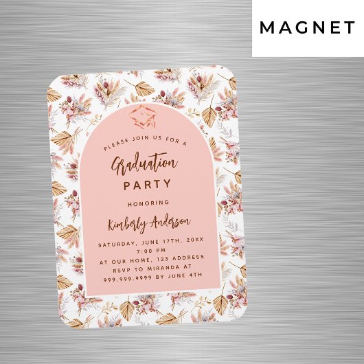 Pampas bloemetjes roos afstudeerfeest uitnodiging magneet