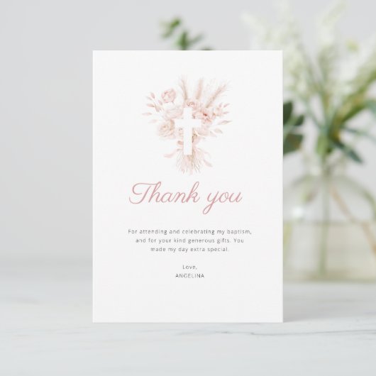 Pampas Bloemstof roos Doop Dankjewel Kaart (Staand voorkant)