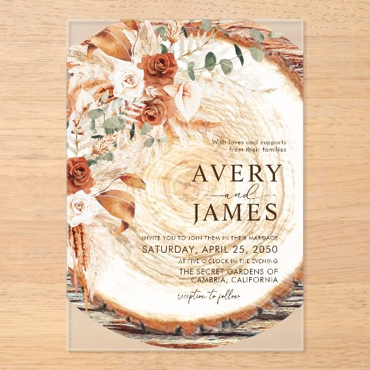 Pampas Boho Acrylic Wood Ring Wedding Invite  Acryl Uitnodigingen (Voorkant)