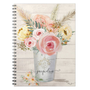 Pampas Boho Peony Floral Rustic Wood Waterverf Notitieboek