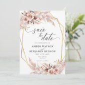 Pampas Boho Terracotta Gold Floral Save the Date Kaart (Staand voorkant)