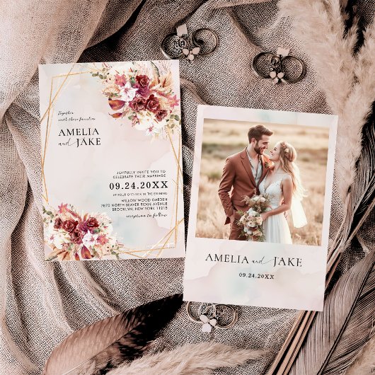 Pampas Burgundy Floral Geometric Wedding Kaart